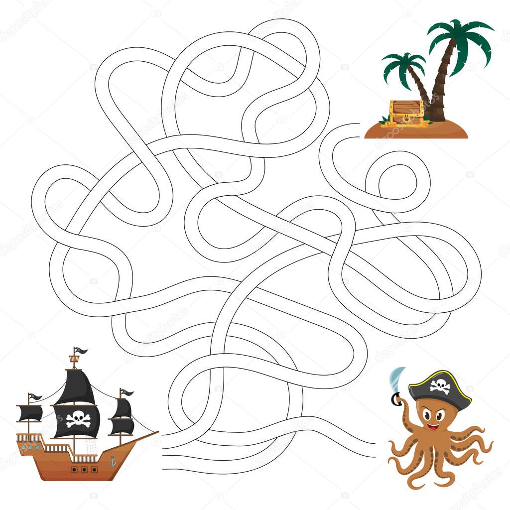 Pirate maze with treasure hunt. Vector illustrations for children's books. Labyrinth. An educational game for children. 