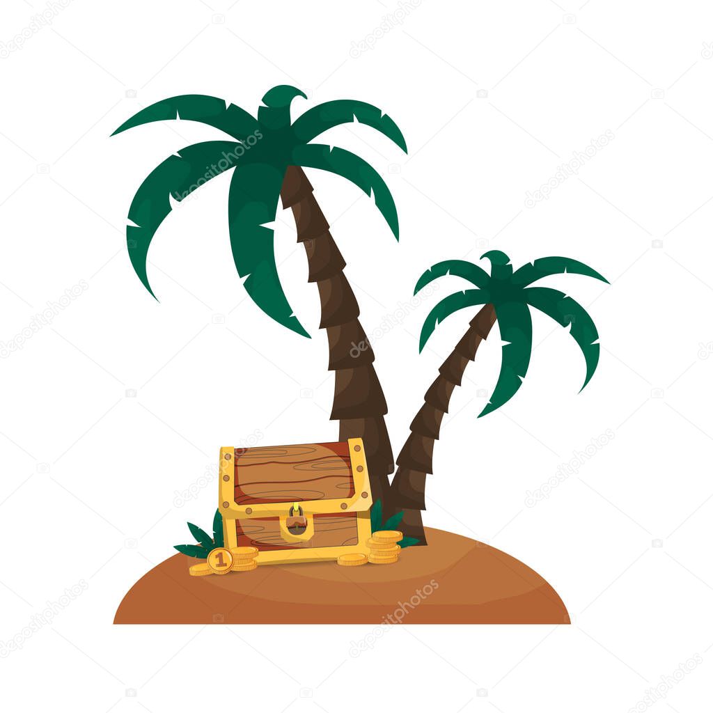 Treasure Island, which contains a chest and a palm tree. For t-shirts, backgrounds, books, flyers, banners, decor.
