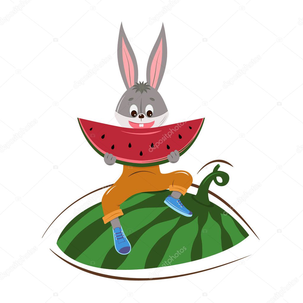 Cute bunny eating watermelon sitting on watermelon. For T-shirts, backgrounds, flyers, banners, books, textiles, wallpaper.