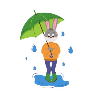 Cartoon bunny under an umbrella in the rain. Symbol of the year 2023. Autumn. Vector image. For calendars, t-shirts, pictures, banners, flyers, posters.