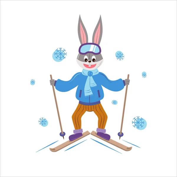 Hare Riding Skis Rabbit Symbol Year 2023 Winter Illustration Vector — ストックベクタ