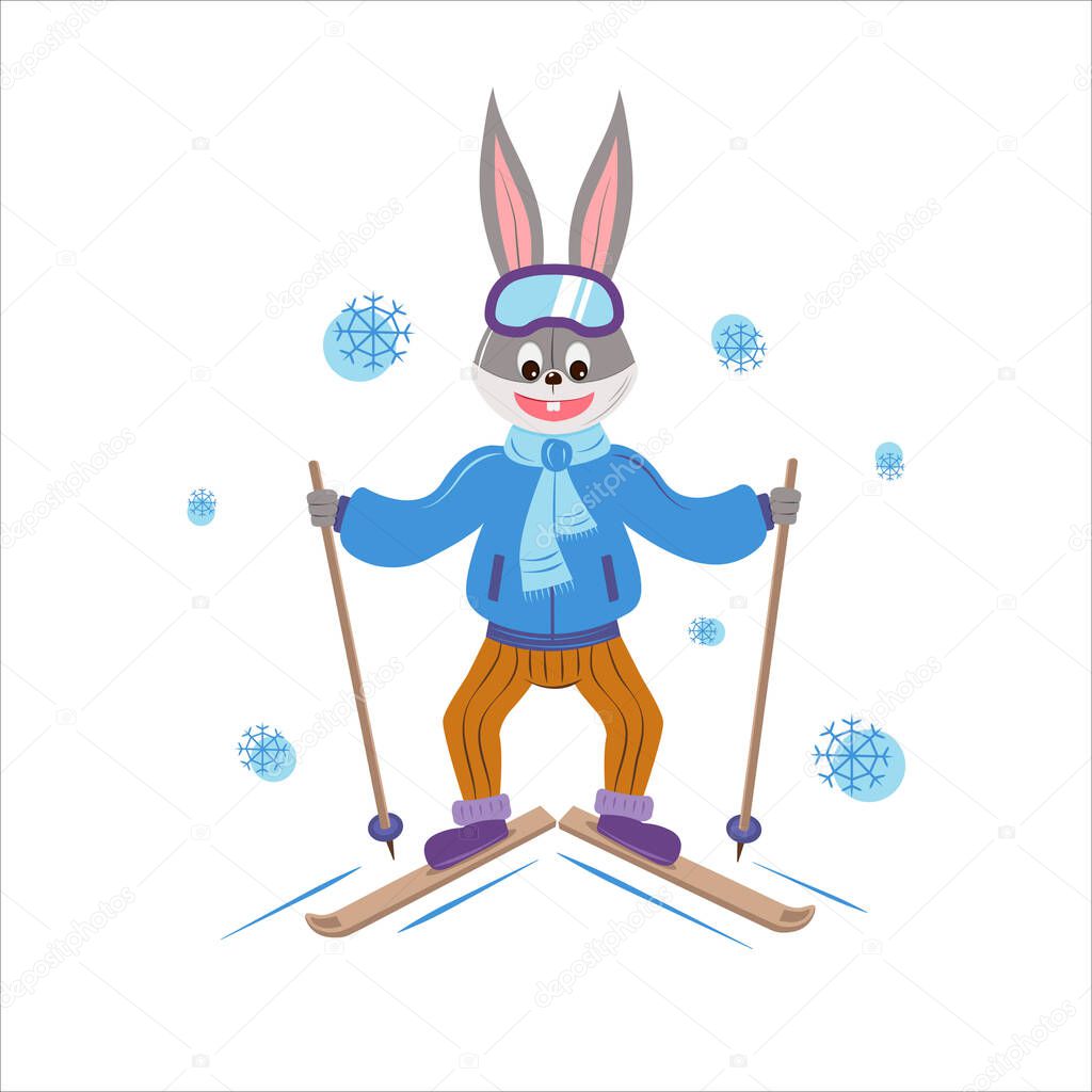 Hare riding on skis. Rabbit - the symbol of the year 2023. Winter illustration. Vector. For calendars, t-shirts, banners, stickers, flyers, posters, books.