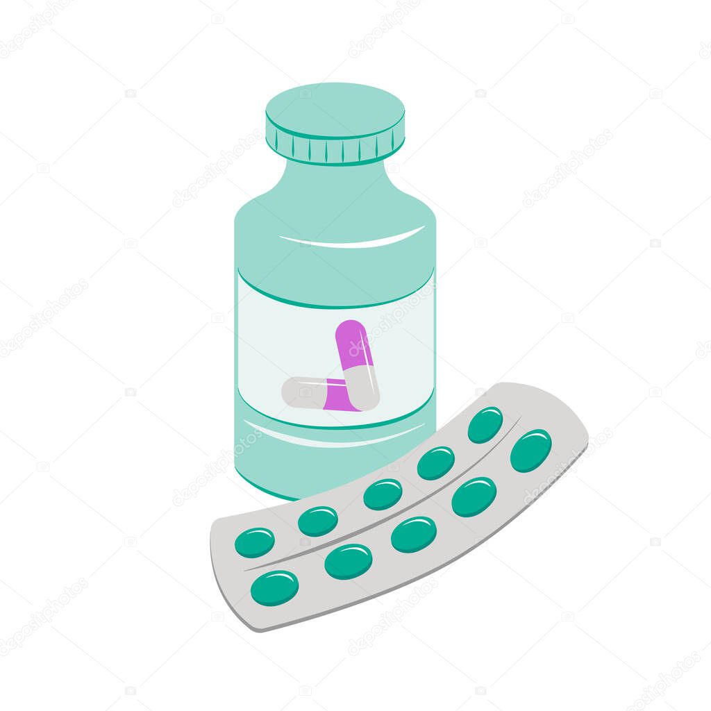 Medicine bottle with pills, capsules, blister with pills. Vector illustration.