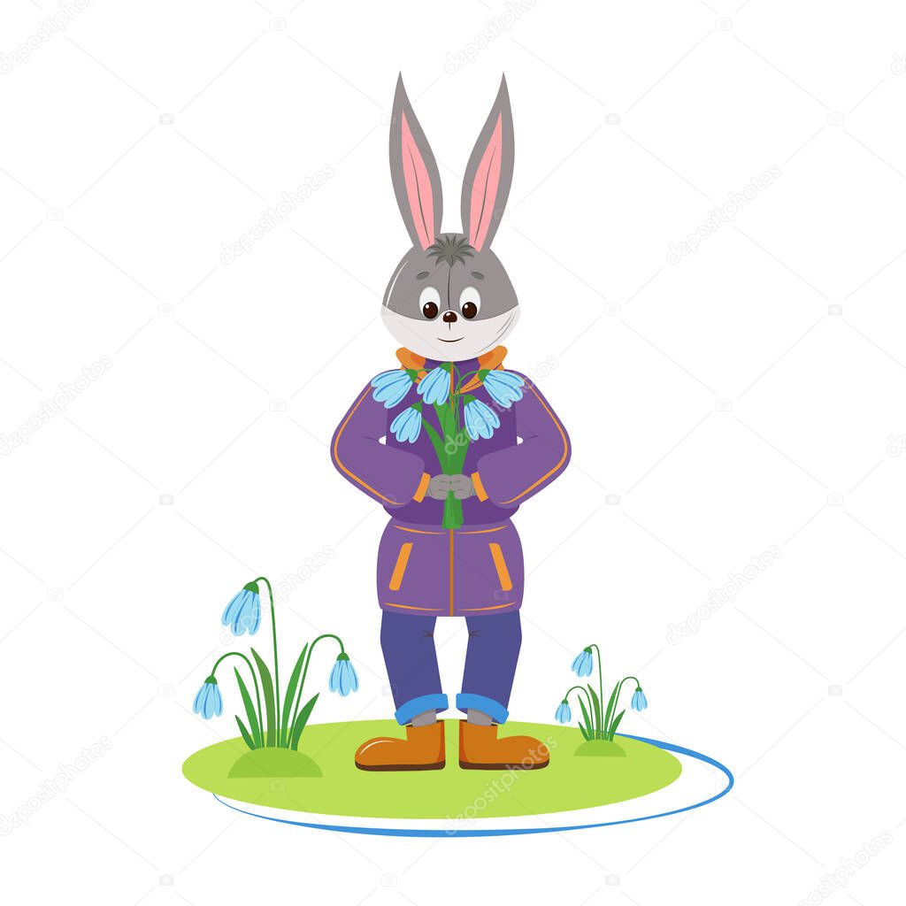 Cute spring hare with snowdrops. Rabbit on the lawn. For calendars, flyers, poster, banner, footer, sticker.