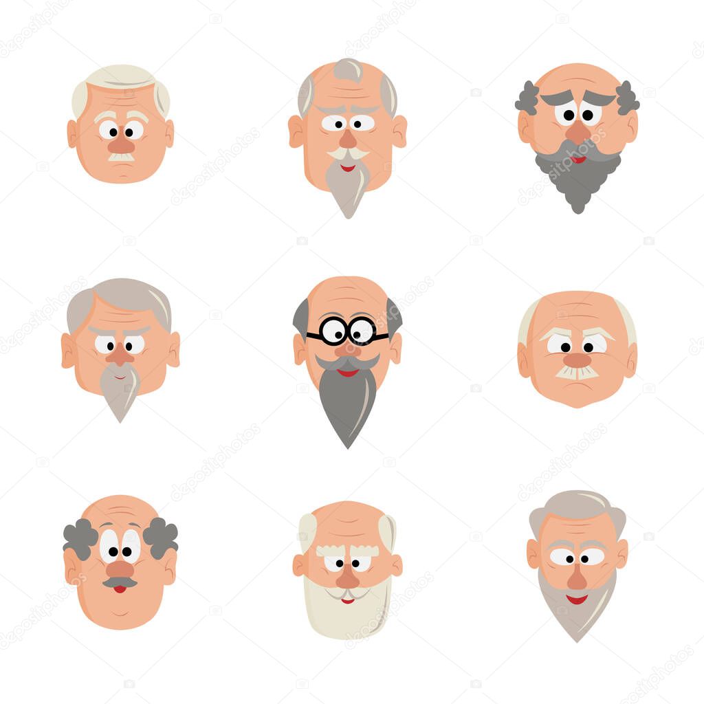 Set with the face of a grandfather or an old man. Vector icon, cartoon avatar on white background.