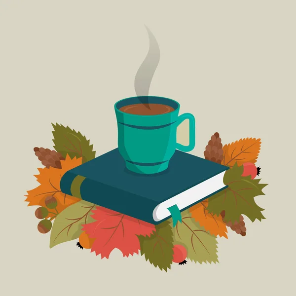 Autumn Vector Illustration Cup Coffee Tea Standing Book Autumn Leaves Rechtenvrije Stockillustraties