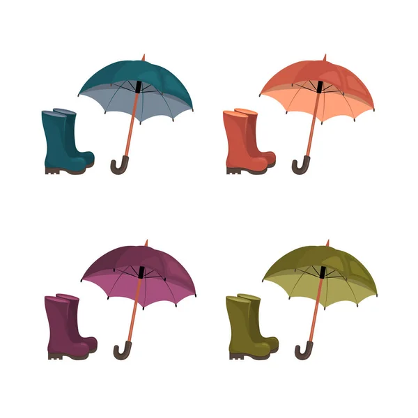 Set Rain Boots Umbrella Different Colours Vector Illustration White Background — Stock Vector