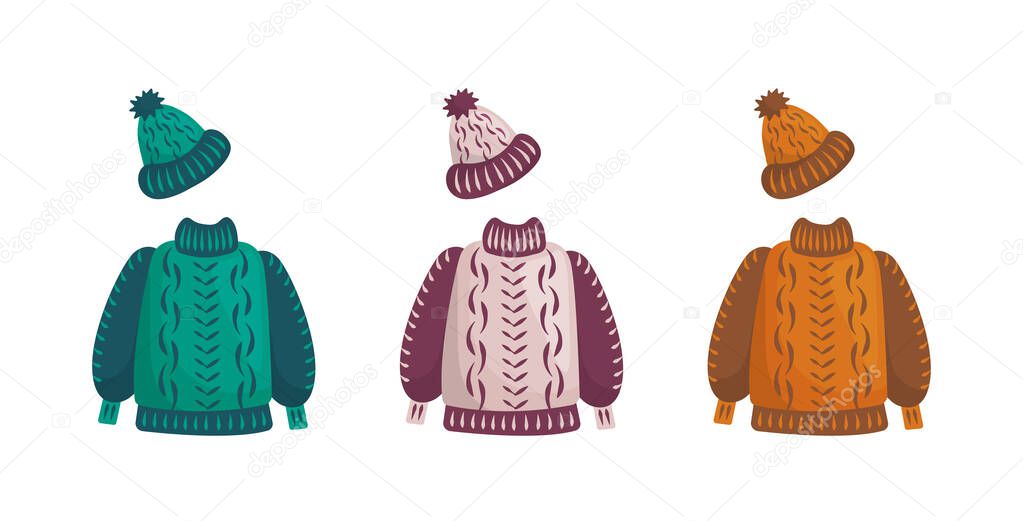 Autumn and winter knitted clothes. Crochet or needlework jumper and hat in different colours.