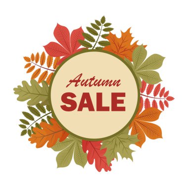 Vector poster of an autumnal sale with autumn leaves arranged in a circle.