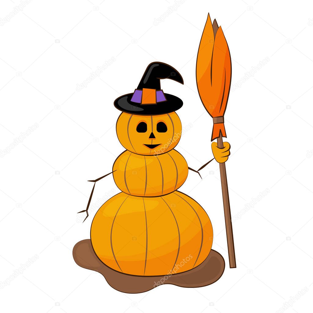 Vector illustration of a pumpkin snowman. Cute Halloween character with a broom in his hand and a black hat.