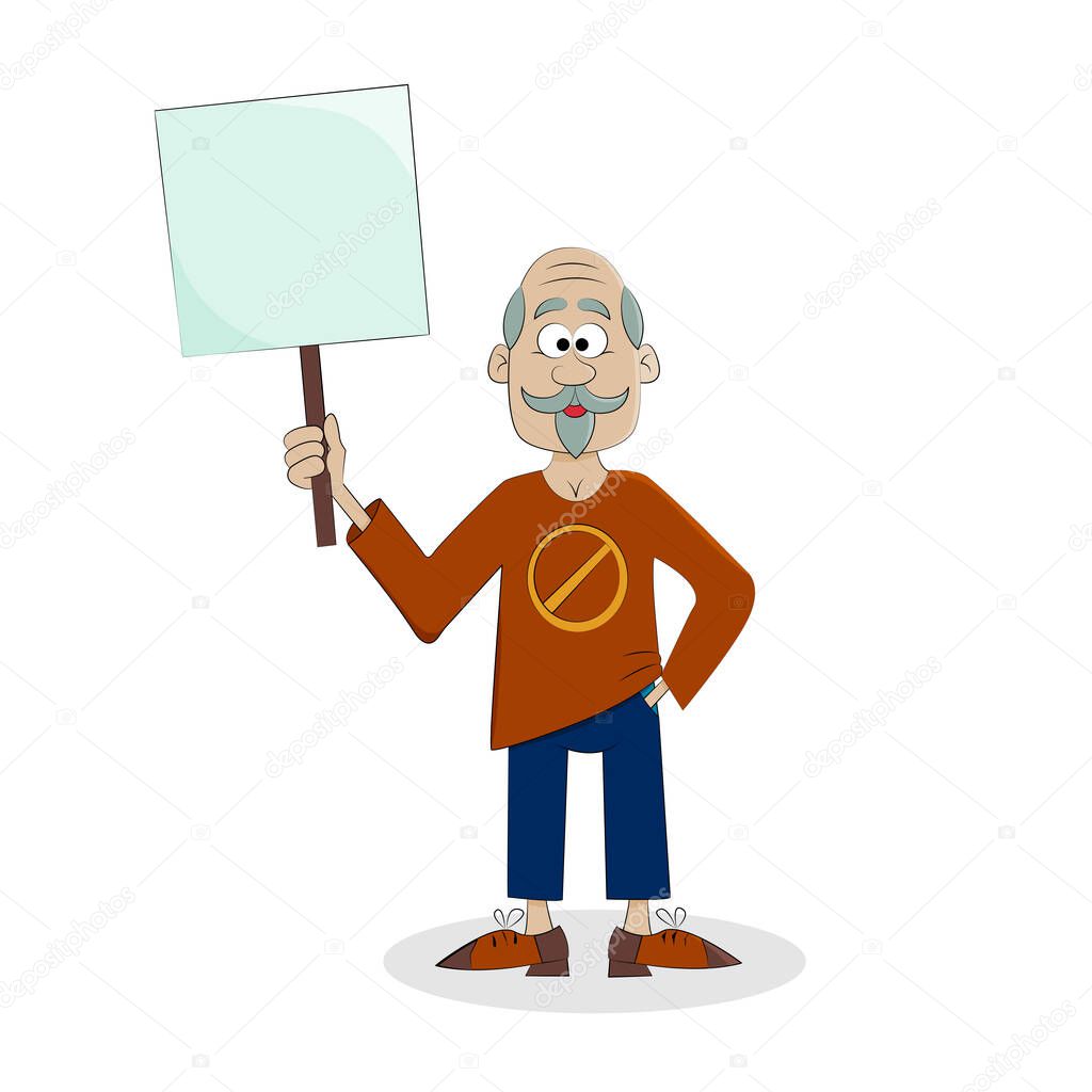 Man protests with a placard. Isolate on white background. Vector illustration