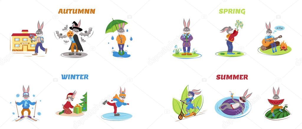 Illustrations with the rabbit symbol 2023 for calendars and planners. Covers and pages for 12 months hare character of the year mascot. Flat cartoon template. Winter, spring, summer, autumn.