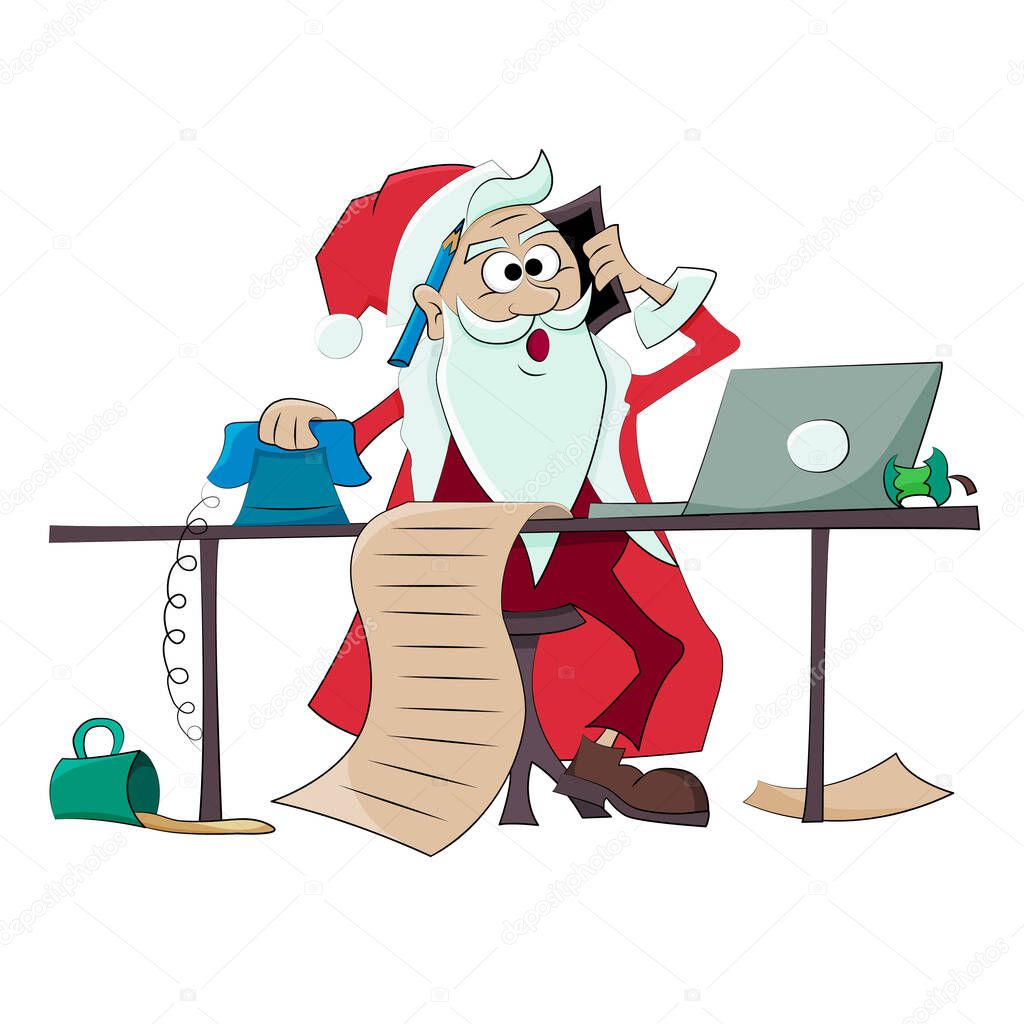Business Santa Claus takes orders for New Years gifts and greetings. oncept of busy office worker.