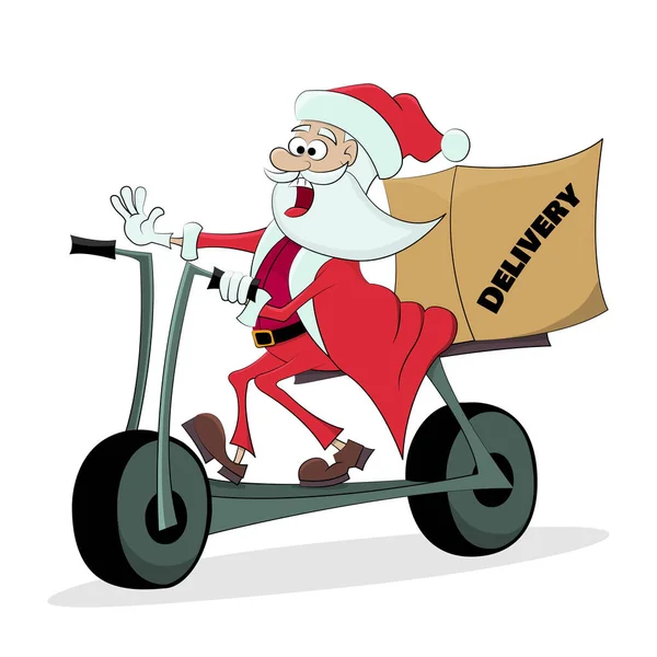 Jolly Papai Noel Entrega Pacote Uma Scooter Conceito Entrega Rápida — Vetor de Stock