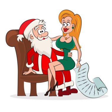 Seksi sarışın, Noel Baba 'nın kucağında büyük bir dilek listesi ile oturuyor. Neşeli Noel Baba ve tatlı kız Noel 'i kutluyor. Vektör illüstrasyonu.