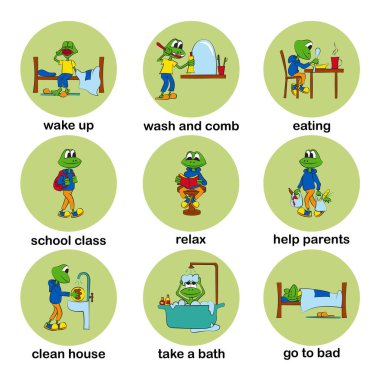 Bebeğin günlük rutini. Öğrenci hayatı işte. Yavru kurbağa gün içinde çeşitli görevler yerine getiriyor. Parlak vektör illüstrasyonu.