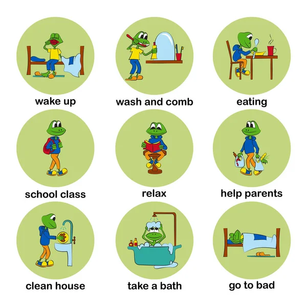 Bebeğin günlük rutini. Öğrenci hayatı işte. Yavru kurbağa gün içinde çeşitli görevler yerine getiriyor. Parlak vektör illüstrasyonu.