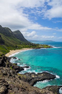 Rocky shoreline and pocket beach at Makapuu Point, western end of Oahu, Hawaii