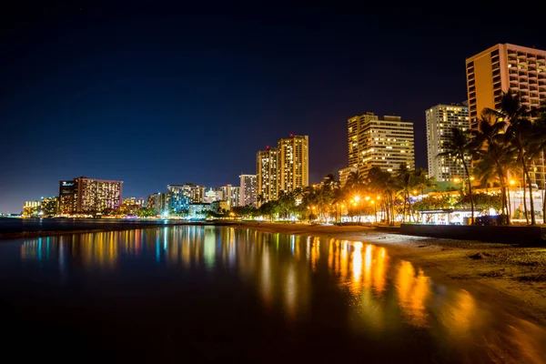 Waikiki Beach at night, Honolulu, Oahu, Hawaii