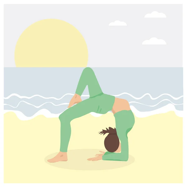 Girl Beach Does Morning Yoga — Stockvector