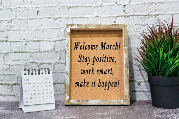Inspirational Motivational Quote Wooden Frame March 2022 Calendar Welcome March — Photo