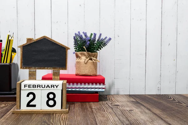 February Calendar Date Text White Wooden Block Stationeries Wooden Desk — Stock Fotó