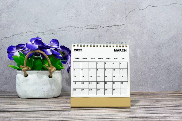 March 2023 Desk Calendar Wooden Desk Potted Plant Copy Space — Stock Fotó