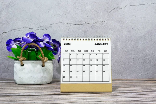 January 2023 Desk Calendar Wooden Desk Potted Plant Copy Space — Stock Fotó