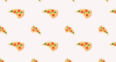 Kusursuz desen, pizza dokusu, fast food geçmişi, abur cubur duvar kağıtları, pizza süsü. Sağlıksız beslenme konsepti. Tekstil, ambalaj kağıdı, kumaş ve kapak tasarımı için düz vektör çizimi
