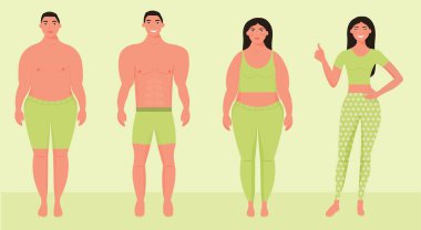 Before and after weight loss concept. Sad overweight man and woman, happy with a slender body. Vector illustration. Slim posture and obesity set, sport fitness