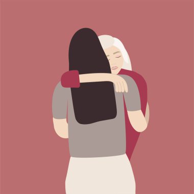 Support concept, consolation concept, family concept, friendship concept, problems, trouble, difficulties. Friend support, hugs. Mutual assistance. Psychological help. Vector illustration. Sad man