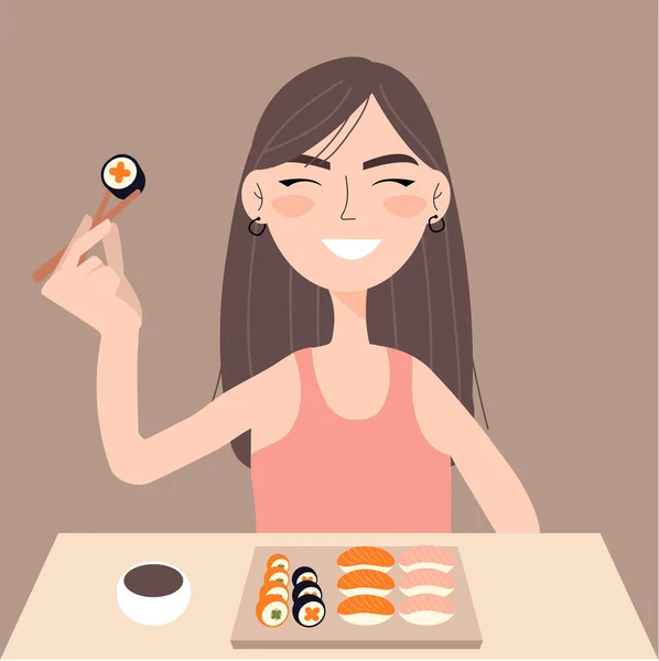 Menina Comendo Rolos Sushi Japonês Com Pauzinhos Sentado Mesa Sorrindo — Vetor de Stock