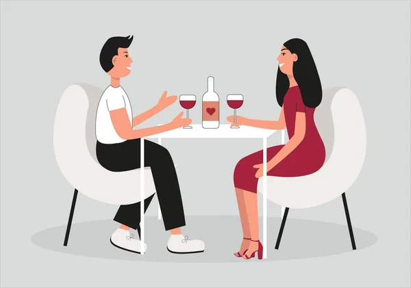 Acquaintance Couple Restaurant Drinking Wine Table Romantic Couple Love Date — Stock vektor