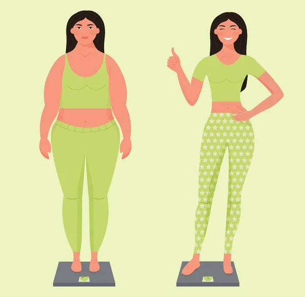 Weight Loss Concept Young Sad Overweight Woman Happy Woman Slender — Vector de stock
