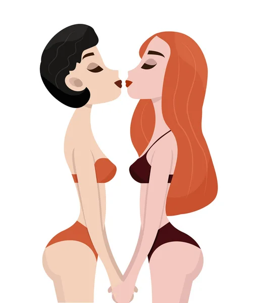 Ομοφυλόφιλο Ζευγάρι Στην Αγάπη Επίπεδη Διανυσματική Απεικόνιση Φιλιά Κορίτσια Αγάπη — Διανυσματικό Αρχείο
