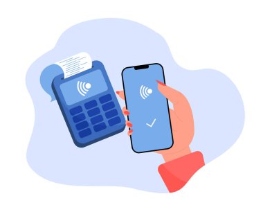 Düz vektör çizimi için kadın telefonu tutuyor. Çizgi film el alıcısı bağlantısız terminalde ödeme yapıyor. 