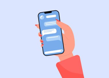 Sosyal medya düz vektör illüstrasyonunda konuşmak için kadın el ele konuşma. Çizgi filmdeki eller internette iletişim kurar. Mobil kullanıcı arayüzü. İleti göndererek sohbet uygulaması şablonu