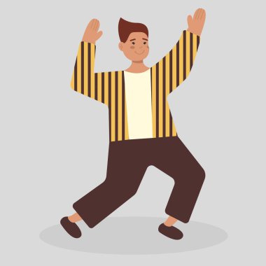 Mutlu bir çocuk elleri havada zıplar. Harekete geçmiş enerjik bir genç. Aktif bir sınıf arkadaşı veya öğrenci eğleniyor. Düz vektör karikatürü, izole