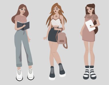 Fashionable students at university or college, trendy schoolgirls at school flat vector illustration doodle cartoon set. Modern stylish teenage characters standing. Education, back to school, studying