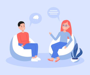 Psikolog randevusundaki bir adamın morali bozuk. Düz vektör çizimi. Karakter çocuğu depresyondan şikayetçi. Psikoterapist ruh sağlığı için psikolojik yardım sağlıyor