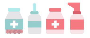 Tıbbi aletler izole edildi, tıbbi ikonlar. Kutular dolusu hap, etiketli şişeler, boş kavanozlar, sprey, sprey, karikatür düz vektör çizimi. Sağlık hizmeti kavramı, zamanında tedavi