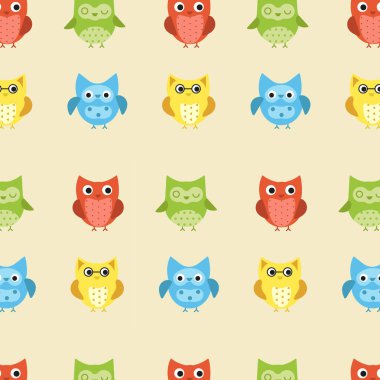 Şirin renkli baykuş, çocuksu ambalaj kağıdı, kumaş, tekstil, bebek kartı, poster, davetiye, grafik, baskı tasarımı için kusursuz bir desen ile karşı karşıya. Düz çizgi film karalama vektör çizimi