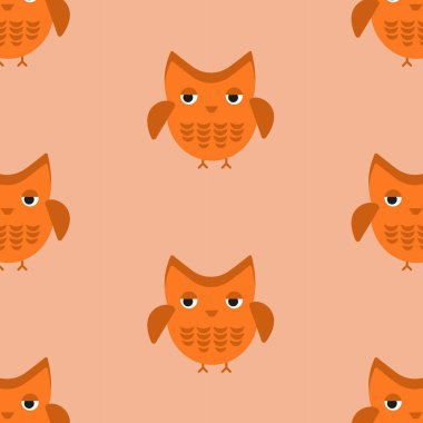 Şirin renkli baykuş, çocuksu ambalaj kağıdı, kumaş, tekstil, bebek kartı, poster, davetiye, grafik, baskı tasarımı için kusursuz bir desen ile karşı karşıya. Düz çizgi film karalama vektör çizimi