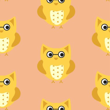 Şirin renkli baykuş, çocuksu ambalaj kağıdı, kumaş, tekstil, bebek kartı, poster, davetiye, grafik, baskı tasarımı için kusursuz bir desen ile karşı karşıya. Düz çizgi film karalama vektör çizimi