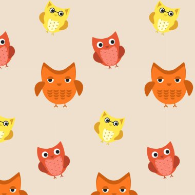 Şirin renkli baykuş, çocuksu ambalaj kağıdı, kumaş, tekstil, bebek kartı, poster, davetiye, grafik, baskı tasarımı için kusursuz bir desen ile karşı karşıya. Düz çizgi film karalama vektör çizimi