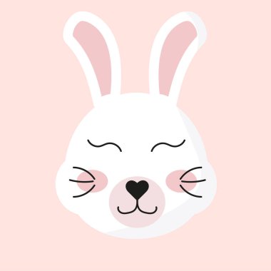 Sevimli tavşan surat, tavşan ağızlığı, hayvan kafası. Ambalaj kağıdı, kumaş, tekstil, poster, davetiye, grafik, baskı çocuksu tasarımı için çocuk odası kartı. Düz çizgi film vektör çizimi