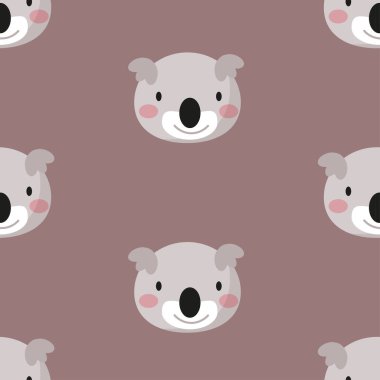 Sevimli hayvan suratı, koala ağzı, tüylü başsız desen. Çocuksu ambalaj kağıdı, kumaş, tekstil, grafik, baskı tasarımı. Çizgi film vektör çizimi. Doku, arkaplan, duvar kağıtları, süs