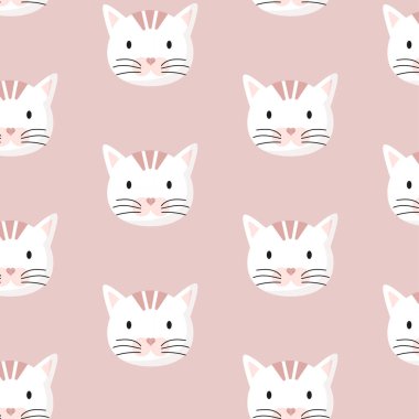 Sevimli hayvan yüzü, kedi ağızlığı, tüylü başsız desen. Çocuksu ambalaj kağıdı, kumaş, tekstil, grafik, baskı tasarımı. Çizgi film vektör çizimi. Doku, arkaplan, duvar kağıtları, süs