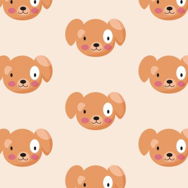 Cute animal face, dog muzzle, fluffy head seamless pattern. Childish design of wrapping paper, fabric, textile, graphic, print. Cartoon vector illustration. Texture, background, wallpapers, ornament