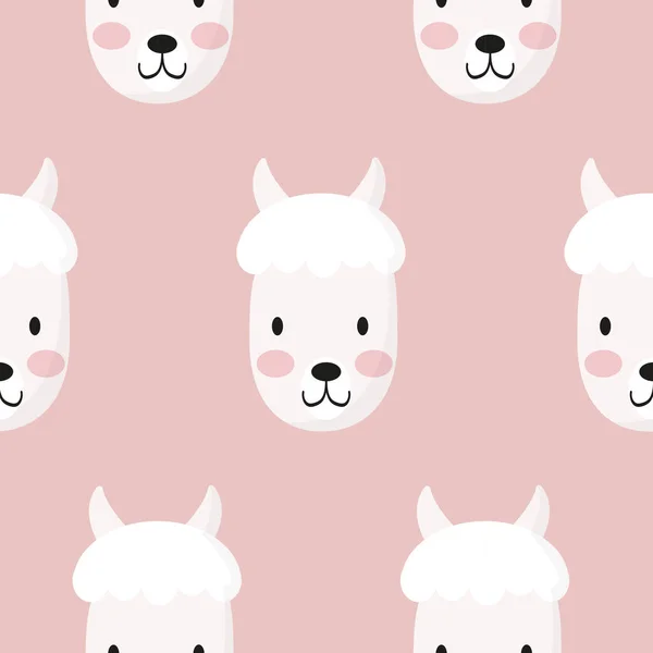 Cute Lama Face Seamless Pattern Alpaca Muzzle Head Cartoon Vector —  Vetores de Stock